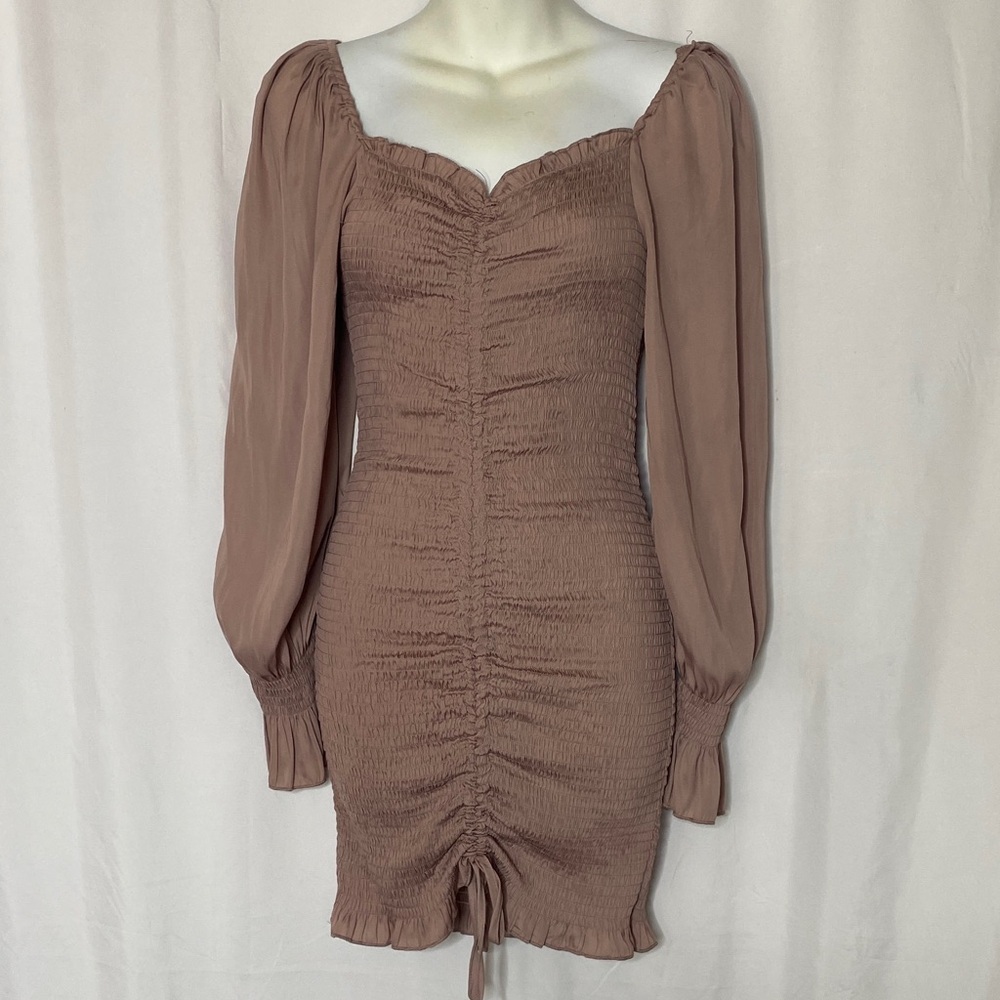 Blush Long Sleeve Gathered Dress in Brown